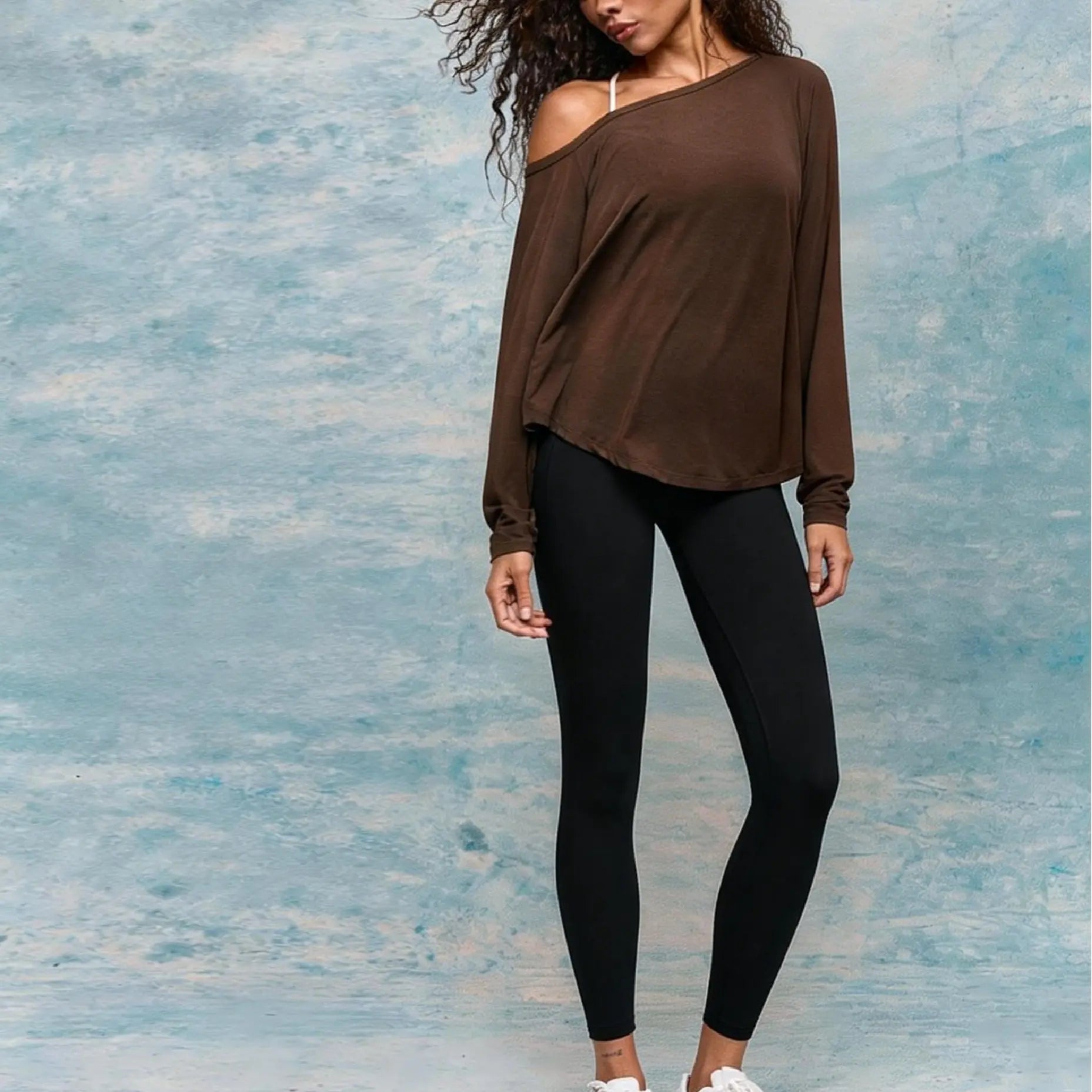 GLOWMODE TENCEL Modal Drift off Lightweight Silky Smooth Asymmetrical off Shoulder Long Sleeve Active Top Low-Impact Yoga Pilates Gym Studio Daily Casual Wear