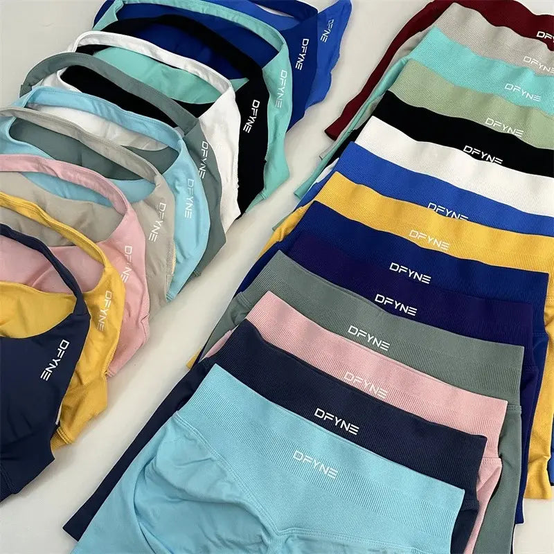 Dfyne Seamless Yoga Set - Impact Scrunch Workout Shorts & Halter Sports Bra, Women’S Fitness Gym Suit for Active Performance Athleisure Summer Clothes