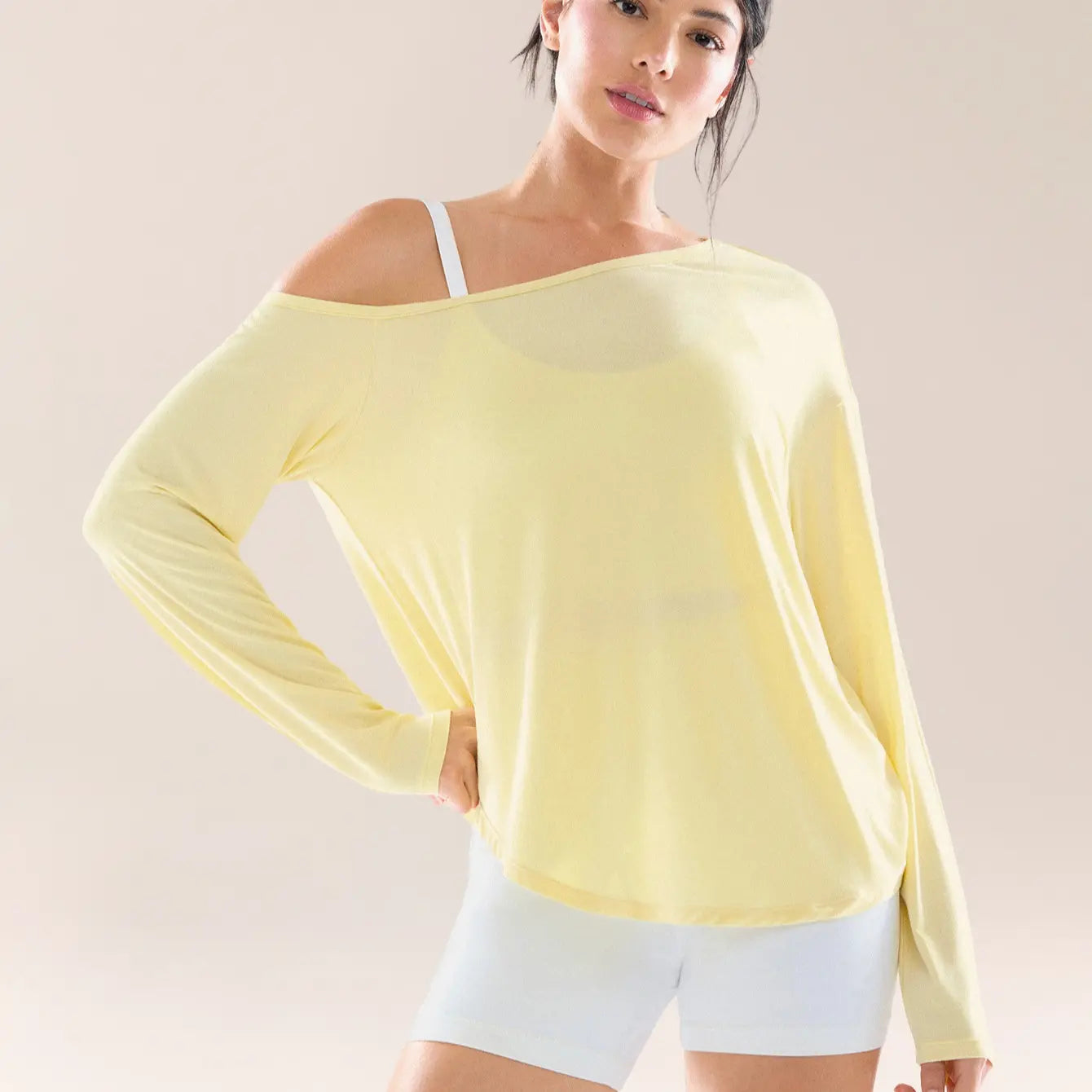 GLOWMODE TENCEL Modal Drift off Lightweight Silky Smooth Asymmetrical off Shoulder Long Sleeve Active Top Low-Impact Yoga Pilates Gym Studio Daily Casual Wear