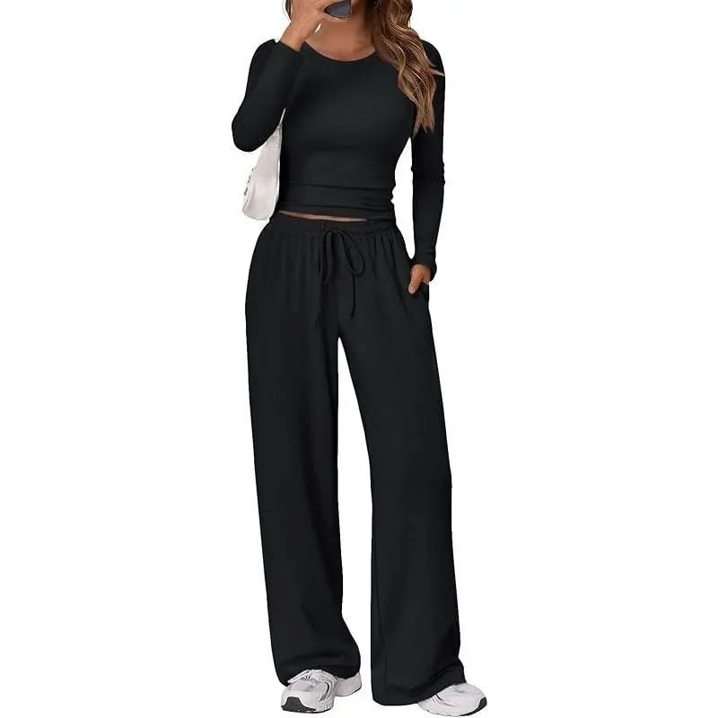 Women'S Stretchy 2-Piece Yoga Outfit:Long-Sleeve Crop Top &Wide-Leg Pants Stretchy Fabricfor Yoga Leisure Daily Active Scenarios Workout Runningclothes Springstatements
