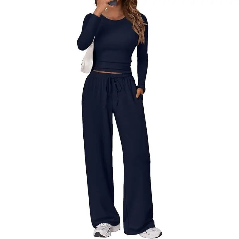 Women'S Stretchy 2-Piece Yoga Outfit:Long-Sleeve Crop Top &Wide-Leg Pants Stretchy Fabricfor Yoga Leisure Daily Active Scenarios Workout Runningclothes Springstatements
