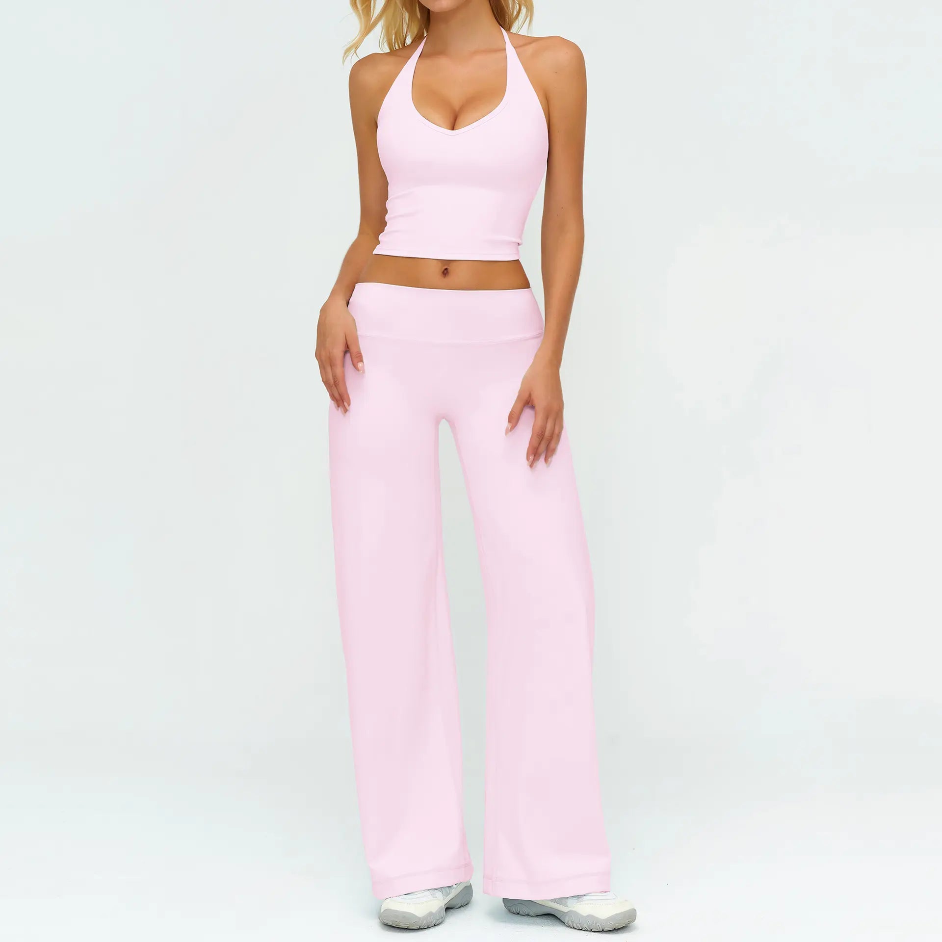 Women'S Fitness Set Two-Piece Strappy Crop Top with Straight-Leg Pants Gym Workout Wear Pilates Set Stylish Strappy V-Neck Top for Outings the Ultimate Choice for Fitness and Casual Wear