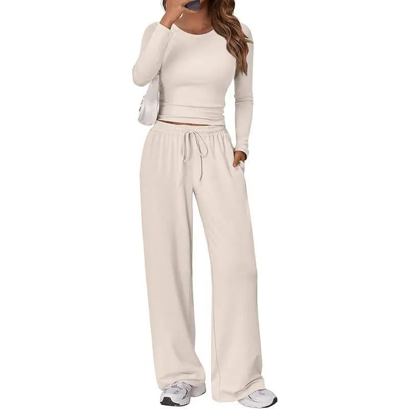 Women'S Stretchy 2-Piece Yoga Outfit:Long-Sleeve Crop Top &Wide-Leg Pants Stretchy Fabricfor Yoga Leisure Daily Active Scenarios Workout Runningclothes Springstatements