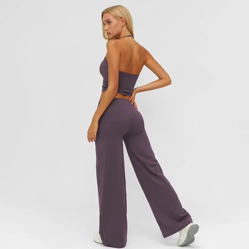 Women'S Fitness Set Two-Piece Strappy Crop Top with Straight-Leg Pants Gym Workout Wear Pilates Set Stylish Strappy V-Neck Top for Outings the Ultimate Choice for Fitness and Casual Wear