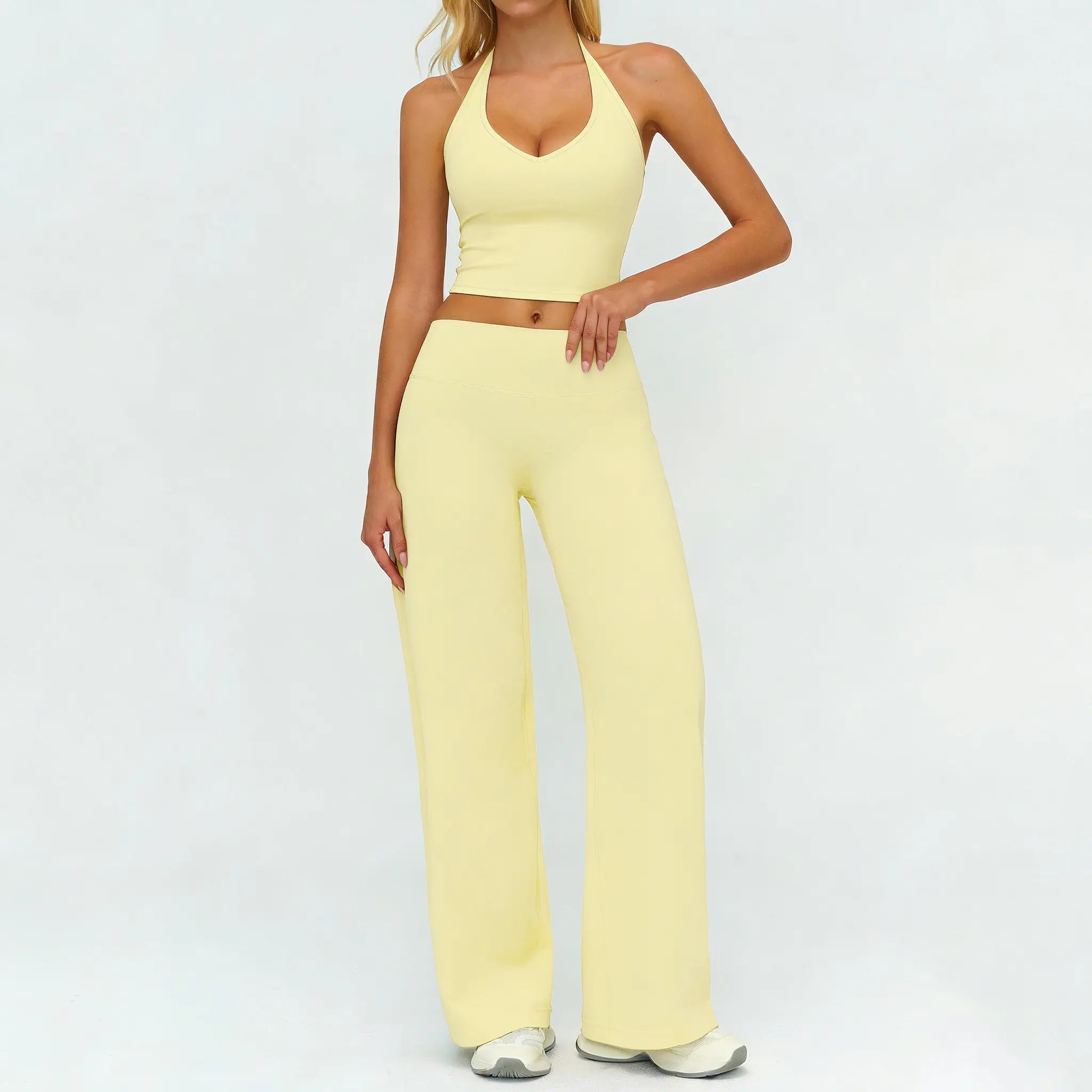 Women'S Fitness Set Two-Piece Strappy Crop Top with Straight-Leg Pants Gym Workout Wear Pilates Set Stylish Strappy V-Neck Top for Outings the Ultimate Choice for Fitness and Casual Wear