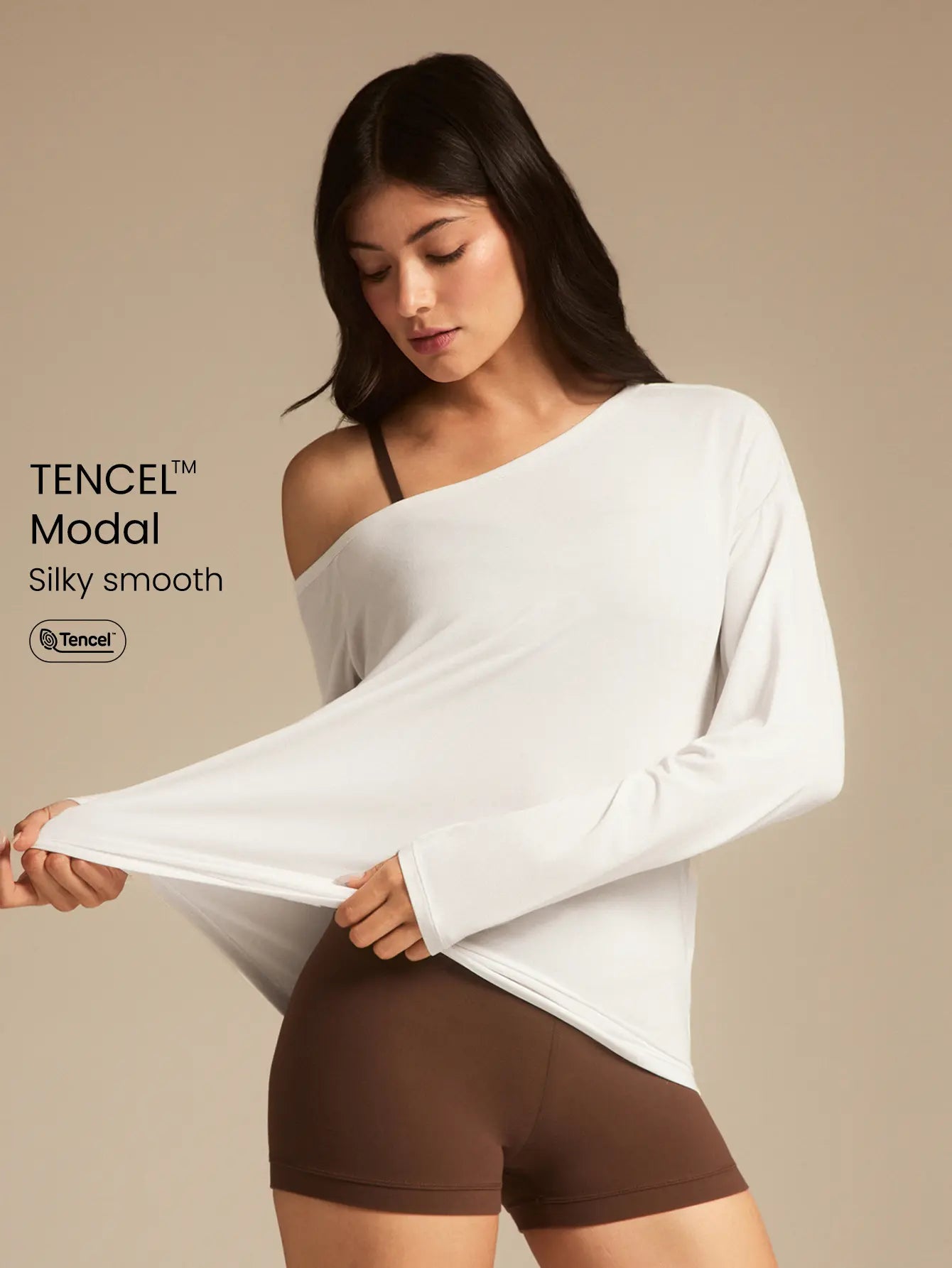 GLOWMODE TENCEL Modal Drift off Lightweight Silky Smooth Asymmetrical off Shoulder Long Sleeve Active Top Low-Impact Yoga Pilates Gym Studio Daily Casual Wear