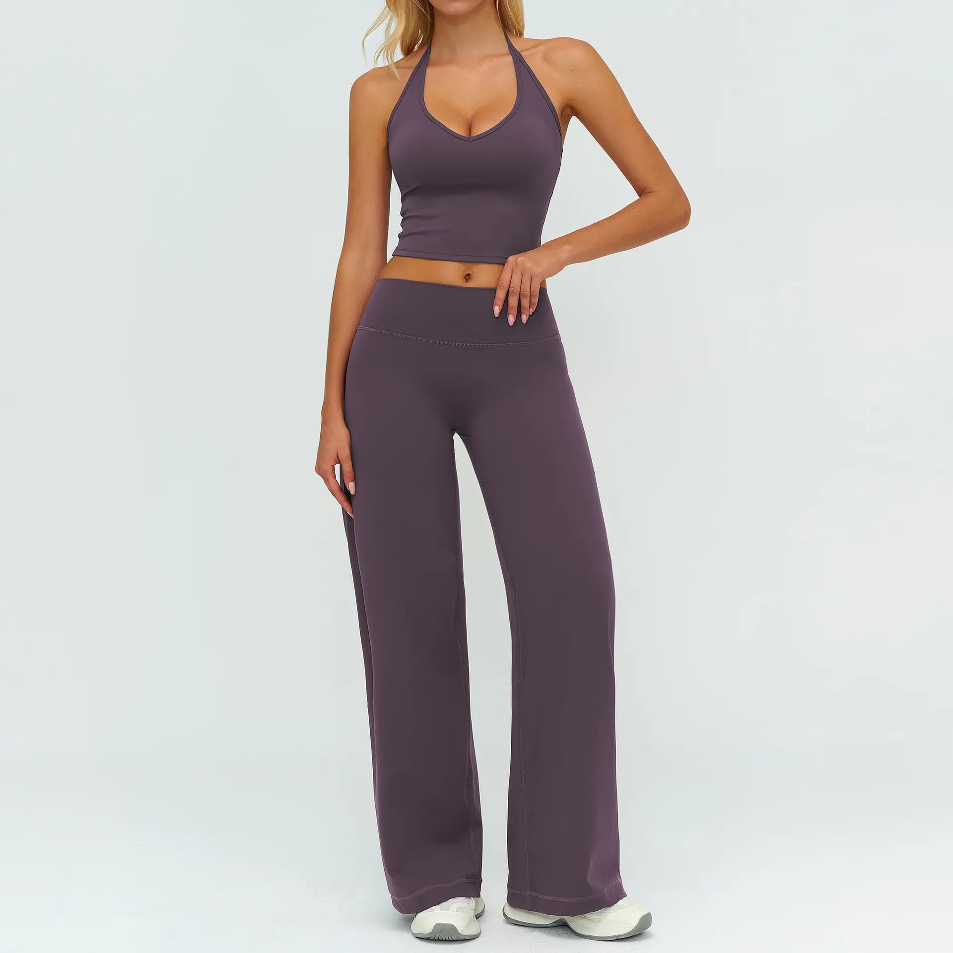 Women'S Fitness Set Two-Piece Strappy Crop Top with Straight-Leg Pants Gym Workout Wear Pilates Set Stylish Strappy V-Neck Top for Outings the Ultimate Choice for Fitness and Casual Wear