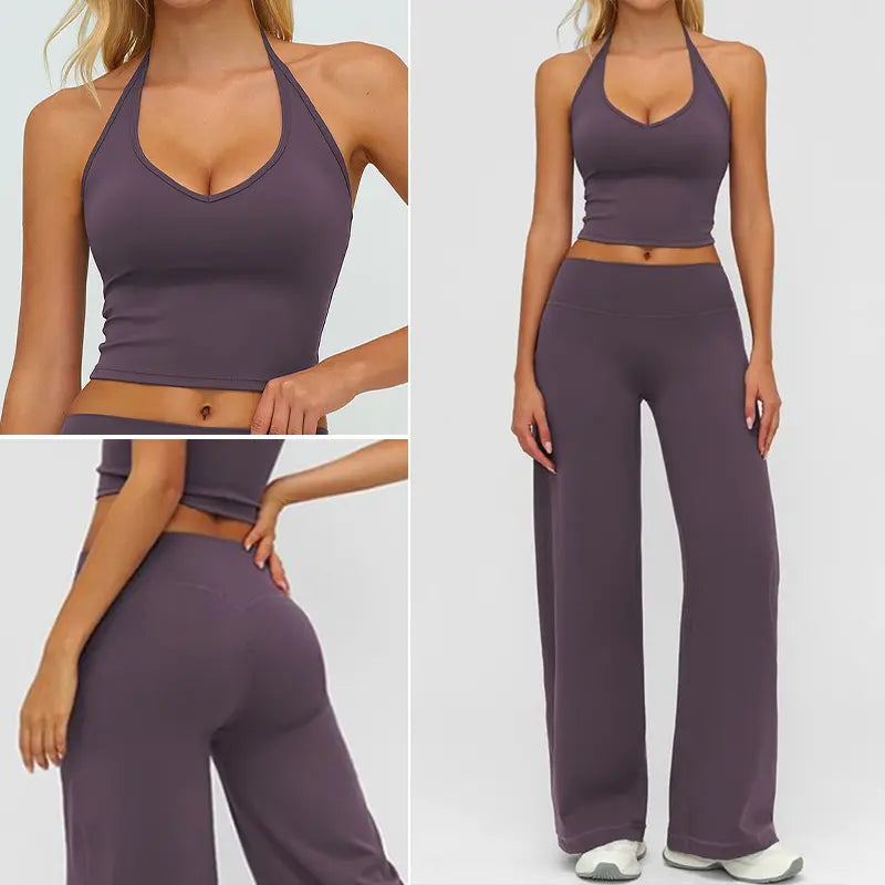 Women'S Fitness Set Two-Piece Strappy Crop Top with Straight-Leg Pants Gym Workout Wear Pilates Set Stylish Strappy V-Neck Top for Outings the Ultimate Choice for Fitness and Casual Wear