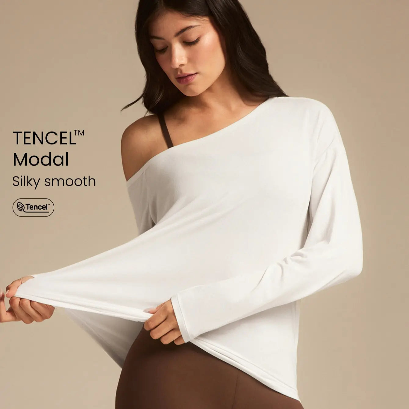 GLOWMODE TENCEL Modal Drift off Lightweight Silky Smooth Asymmetrical off Shoulder Long Sleeve Active Top Low-Impact Yoga Pilates Gym Studio Daily Casual Wear