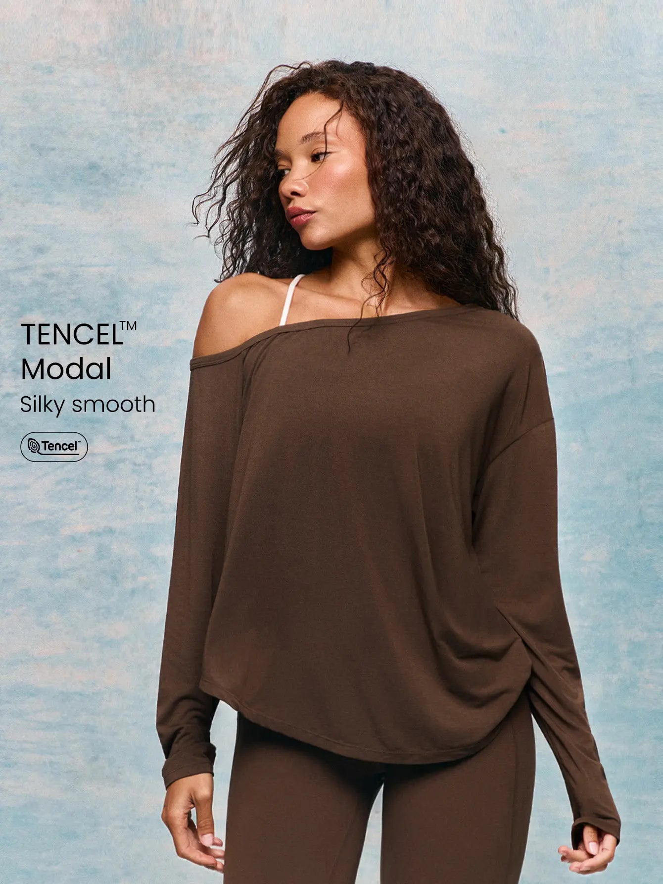 GLOWMODE TENCEL Modal Drift off Lightweight Silky Smooth Asymmetrical off Shoulder Long Sleeve Active Top Low-Impact Yoga Pilates Gym Studio Daily Casual Wear