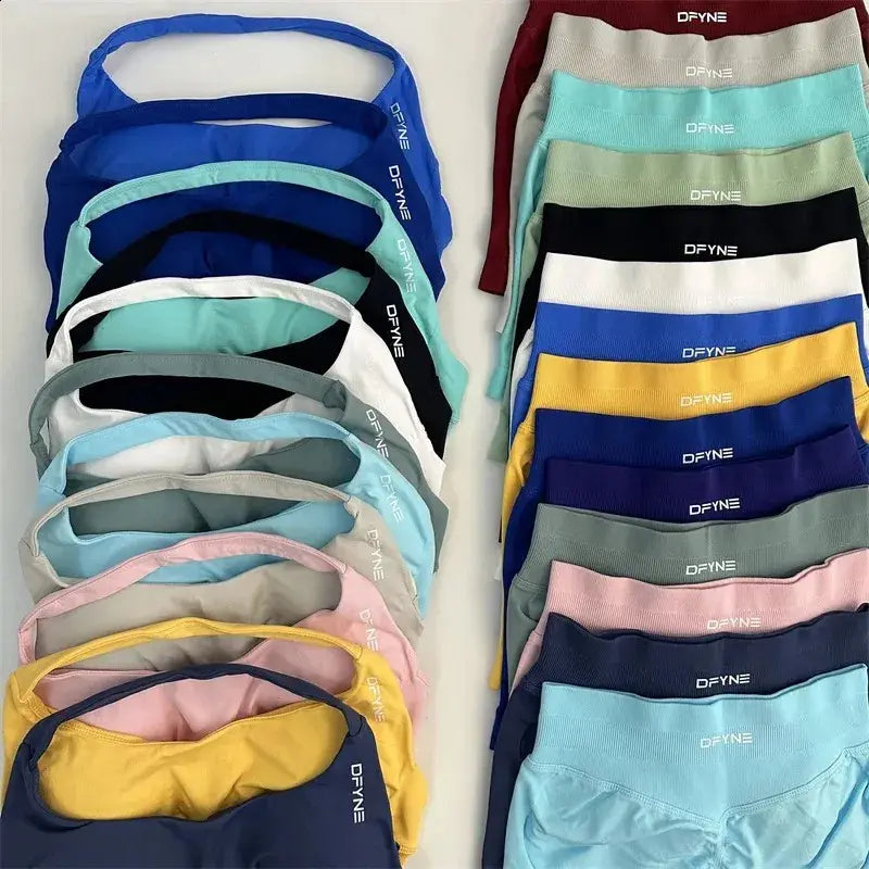 Dfyne Seamless Yoga Set - Impact Scrunch Workout Shorts & Halter Sports Bra, Women’S Fitness Gym Suit for Active Performance Athleisure Summer Clothes