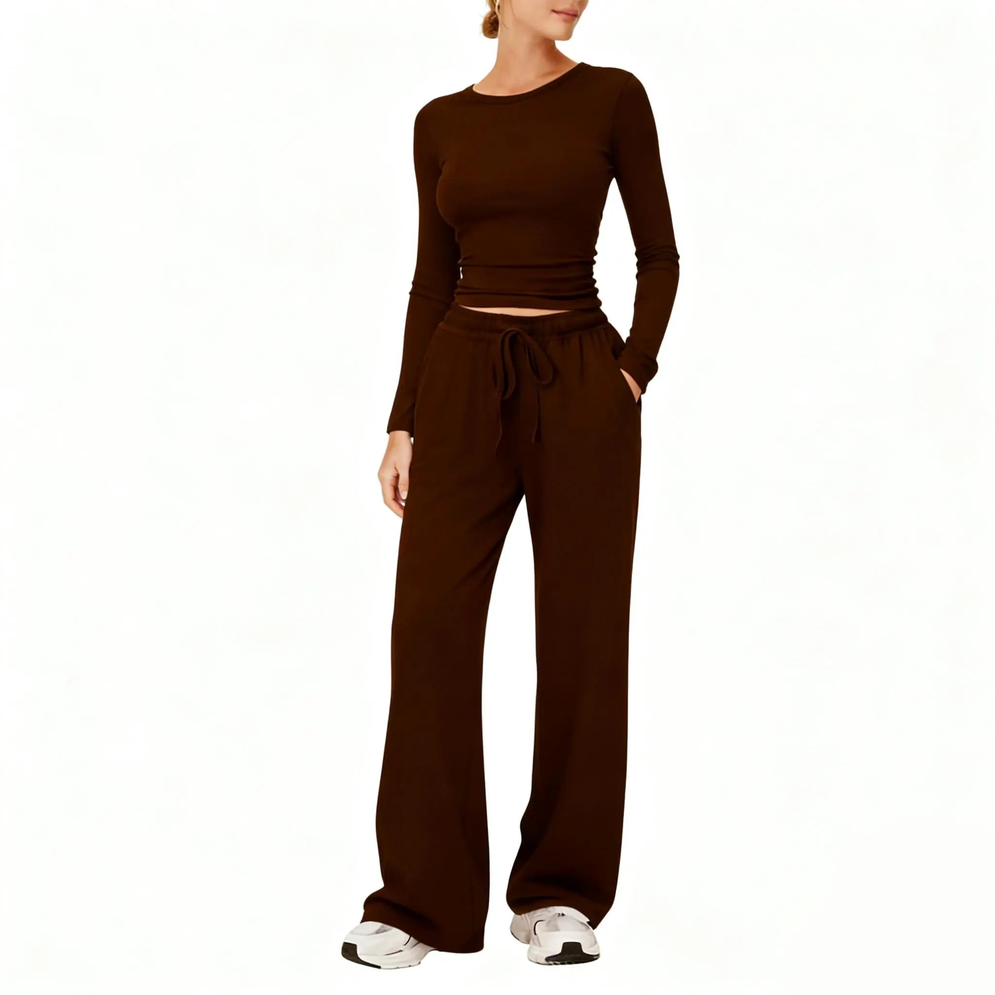 Women'S Stretchy 2-Piece Yoga Outfit:Long-Sleeve Crop Top &Wide-Leg Pants Stretchy Fabricfor Yoga Leisure Daily Active Scenarios Workout Runningclothes Springstatements