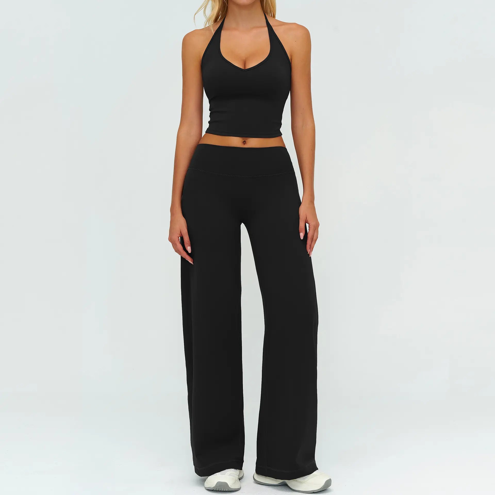 Women'S Fitness Set Two-Piece Strappy Crop Top with Straight-Leg Pants Gym Workout Wear Pilates Set Stylish Strappy V-Neck Top for Outings the Ultimate Choice for Fitness and Casual Wear