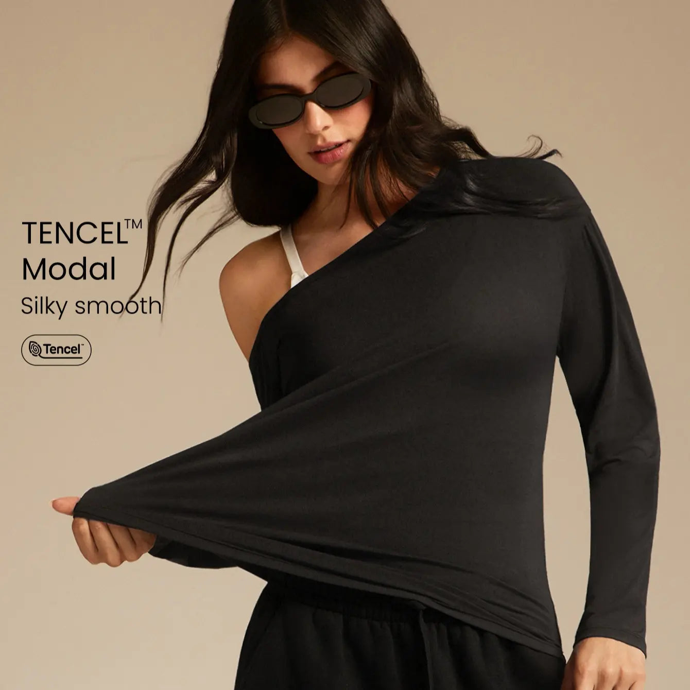 GLOWMODE TENCEL Modal Drift off Lightweight Silky Smooth Asymmetrical off Shoulder Long Sleeve Active Top Low-Impact Yoga Pilates Gym Studio Daily Casual Wear
